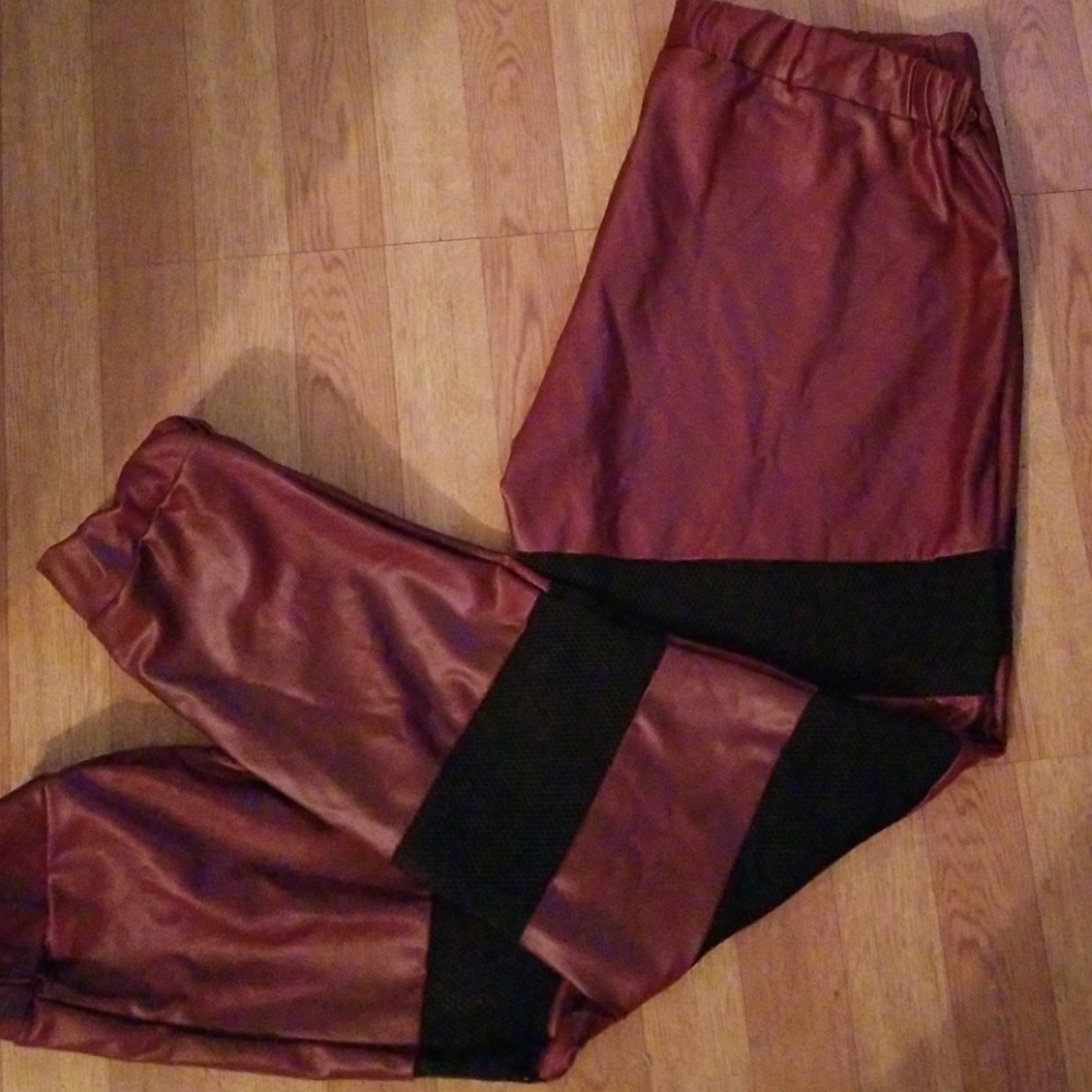 Burgundy Faux leather feel mesh net leggings